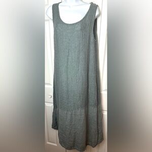 FLAX 100% Linen Tank Maxi Dress Gray Green Textured Scoop Neck Pullover Light